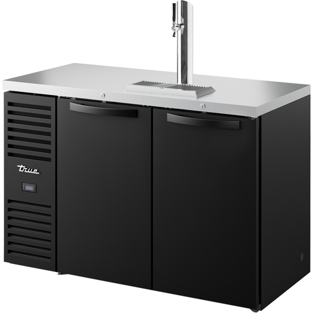 True TDR52-RISZ1-L-B-SS-1 two-section refrigerated draft bar cooler with black exterior, stainless steel countertop, and single tap column