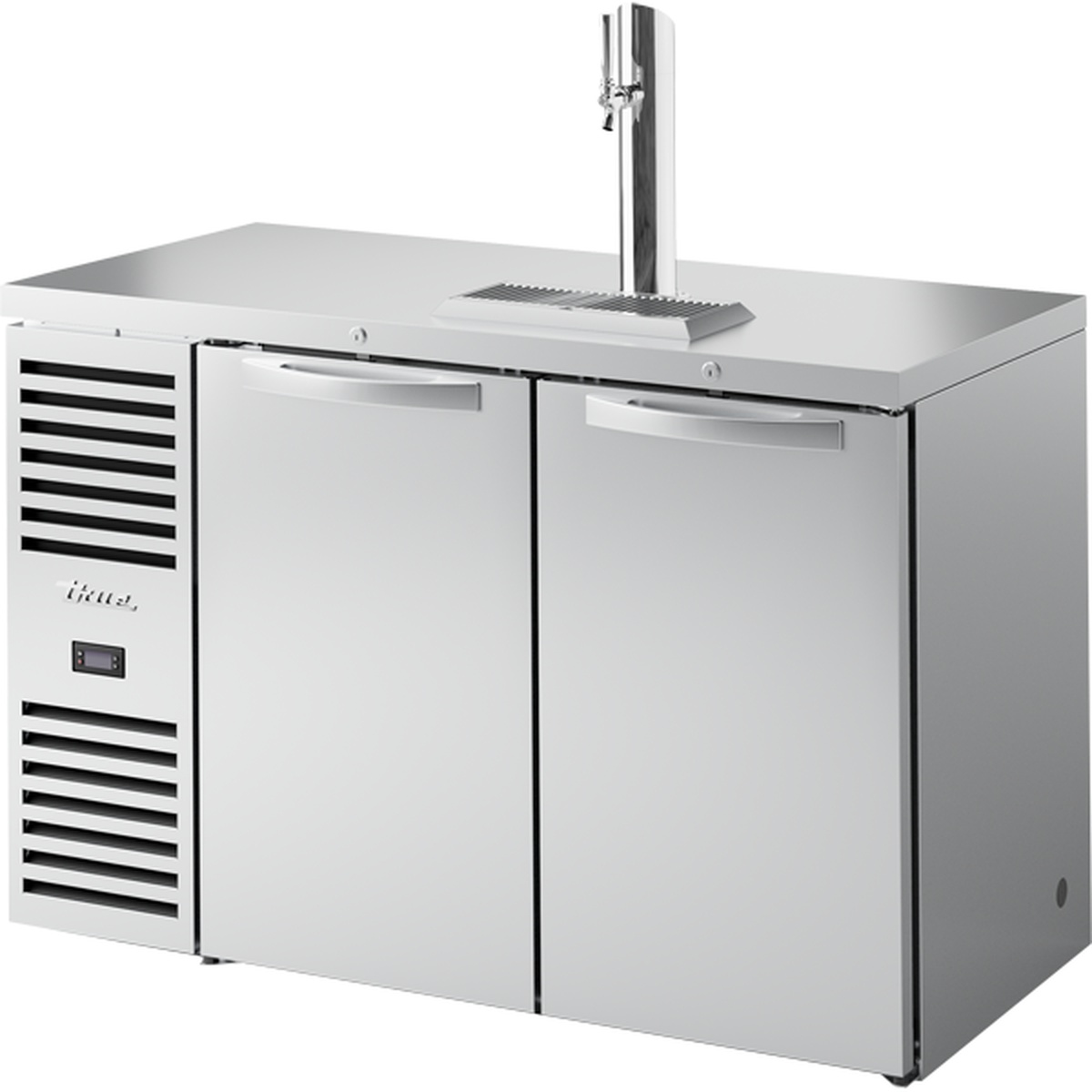 True Mfg TDR52-RISZ1-L-S-SS-1 52-inch stainless steel draft beer cooler with two solid locking doors and single beer column tower on top