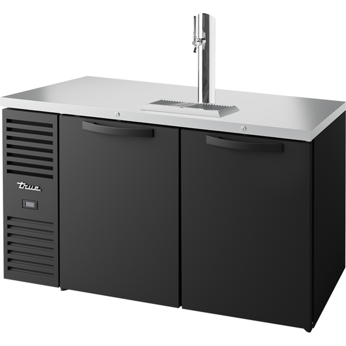 True Mfg. Premier Bar TDR60-RISZ1-L-B-SS-1 two-section draft beer cooler with black powder-coated exterior, stainless steel countertop, and single beer column faucet tower