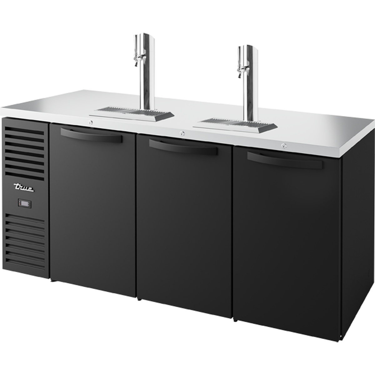 True TDR72-RISZ1-L-B-SSS-1 three-section black draft beer cooler with stainless steel countertop and two beer tap columns