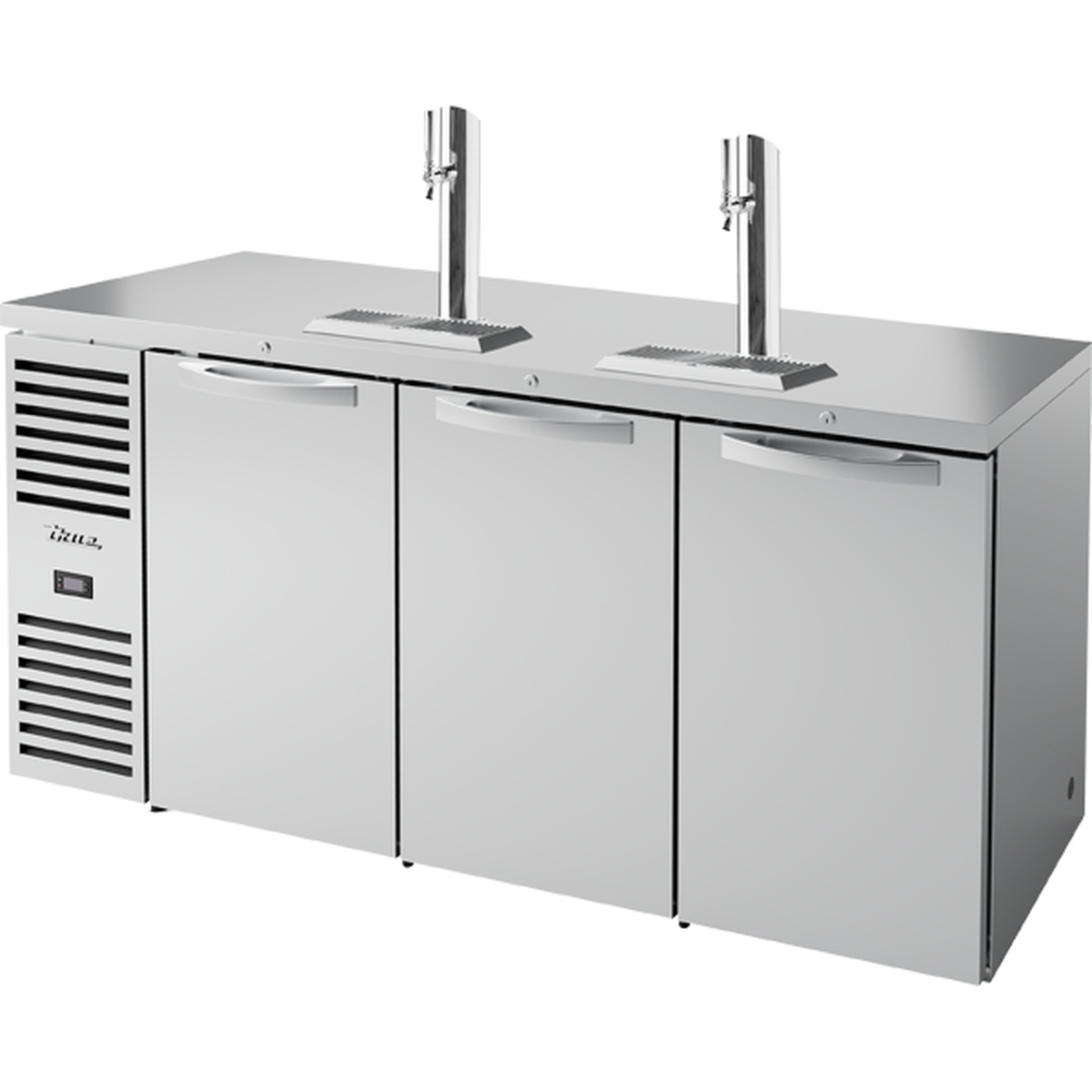 True TDR72-RISZ1-L-S-SSS-1 72-inch stainless steel kegerator with three solid doors, two insulated tap columns, and surface-mounted drip trays