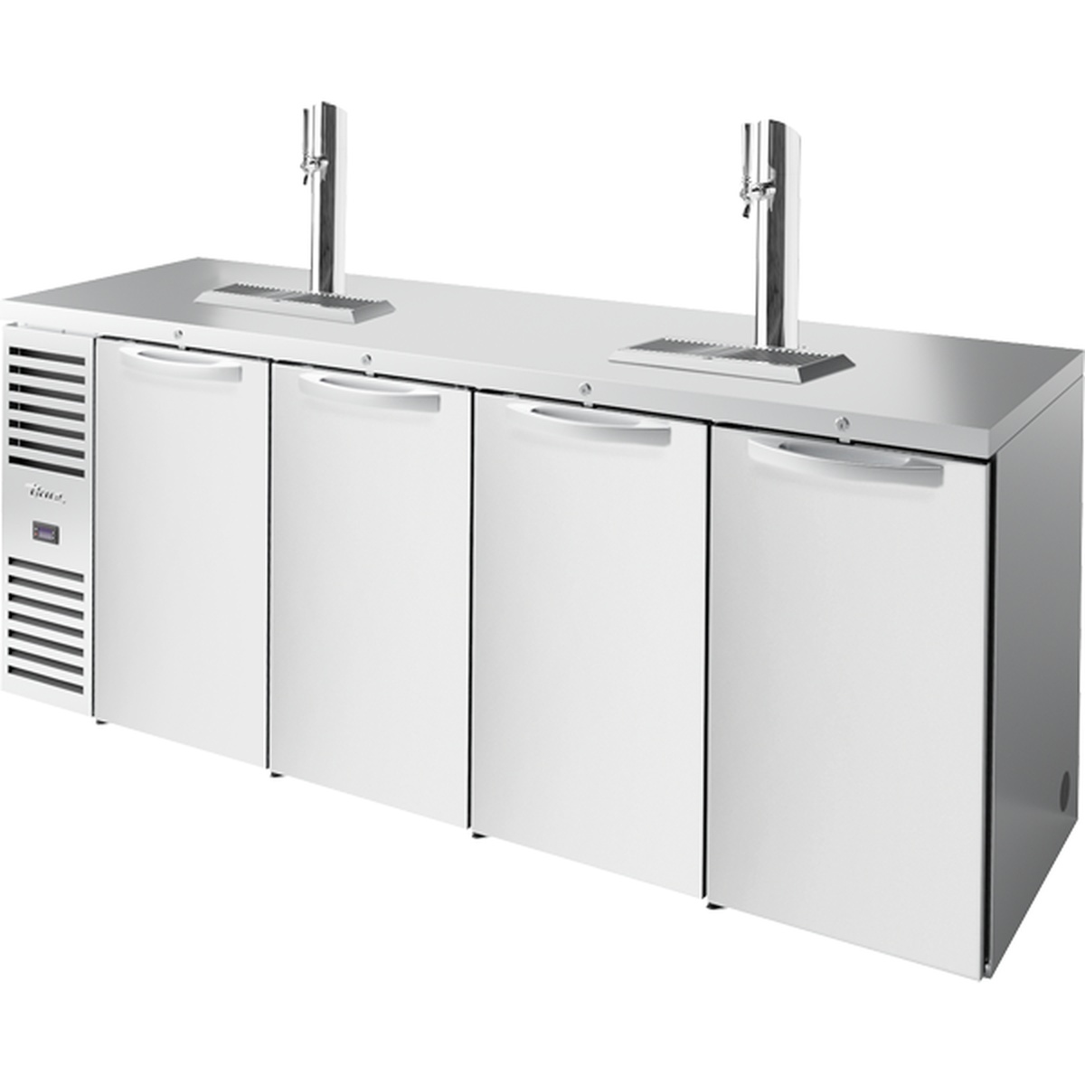 True Manufacturing TDR92-RISZ1-L-S-SSSS-1 four-section stainless steel refrigerated draft bar cooler with two tap columns and surface-mounted drip trays