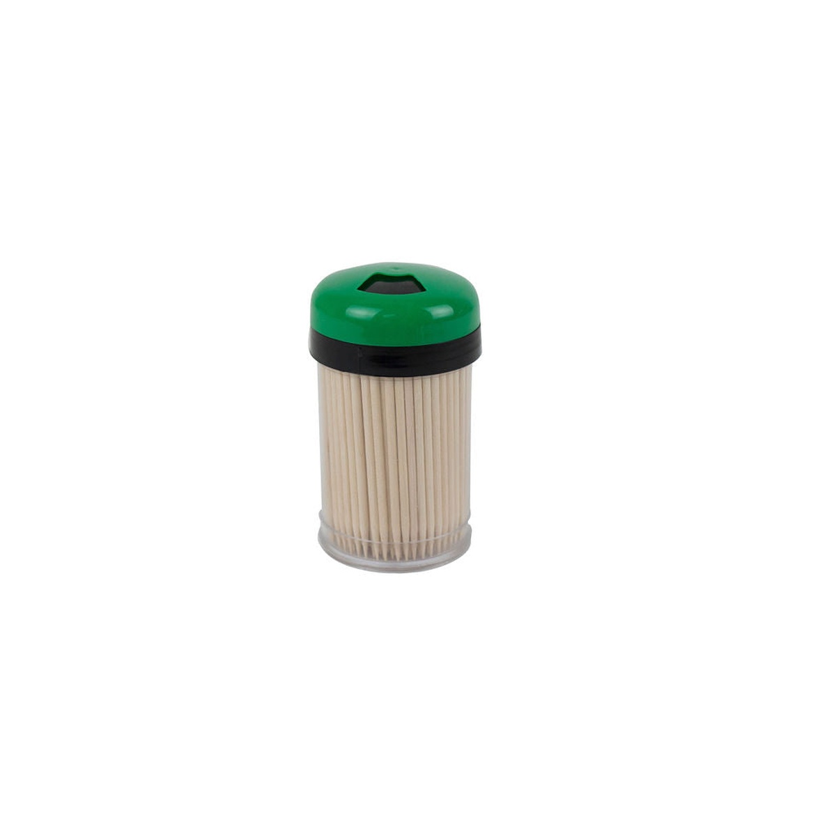 Libertyware shaker toothpick dispenser with green dome cap, clear body filled with wooden toothpicks