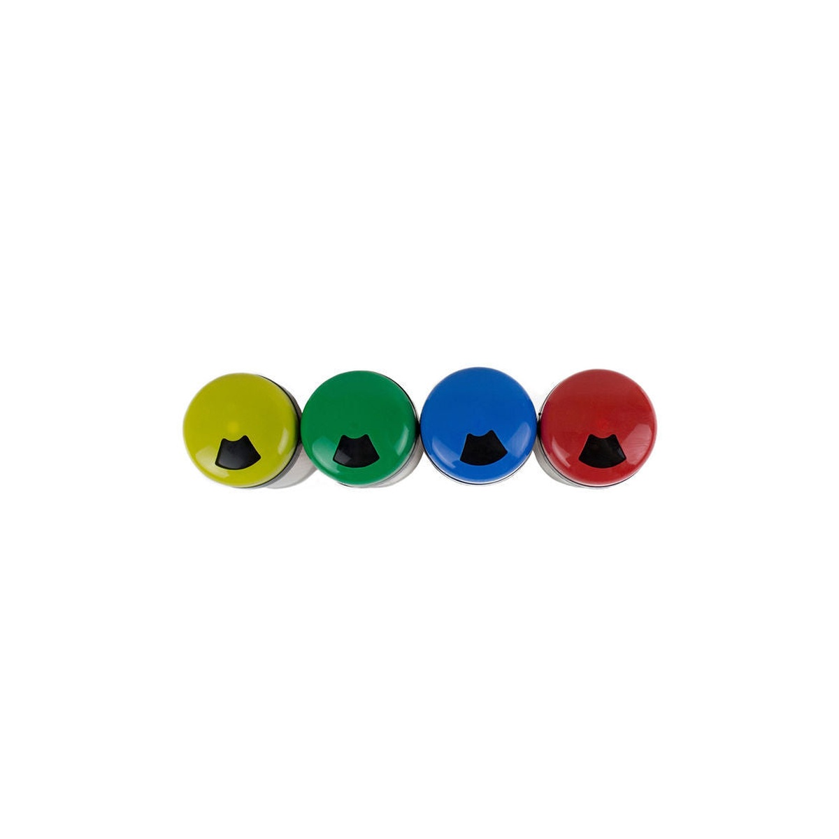 Top-down view of four shaker toothpick dispenser caps in yellow, green, blue, and red colors