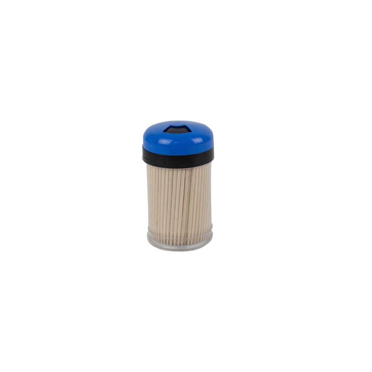 Libertyware shaker toothpick dispenser with blue dome cap and clear plastic body filled with toothpicks