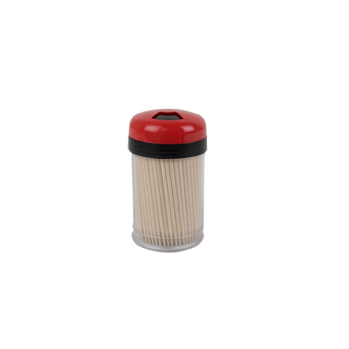 Libertyware shaker toothpick dispenser with red dome cap and clear plastic cylindrical body filled with wooden toothpicks