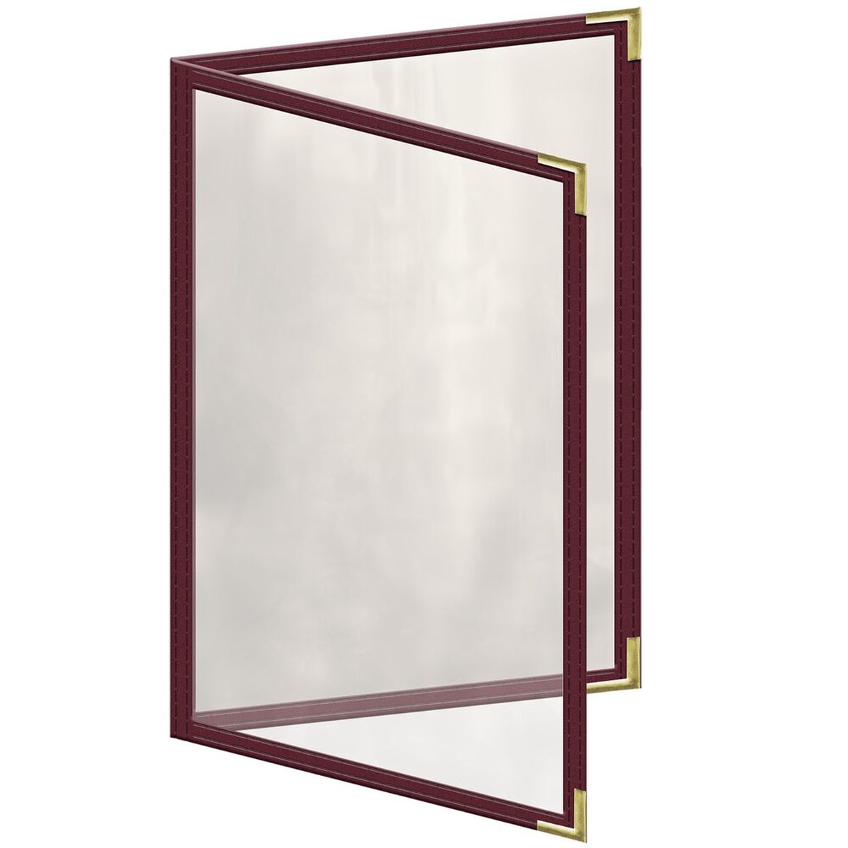 H. Risch TED Deluxe maroon menu cover open to show clear view panes and gold smooth metal corners
