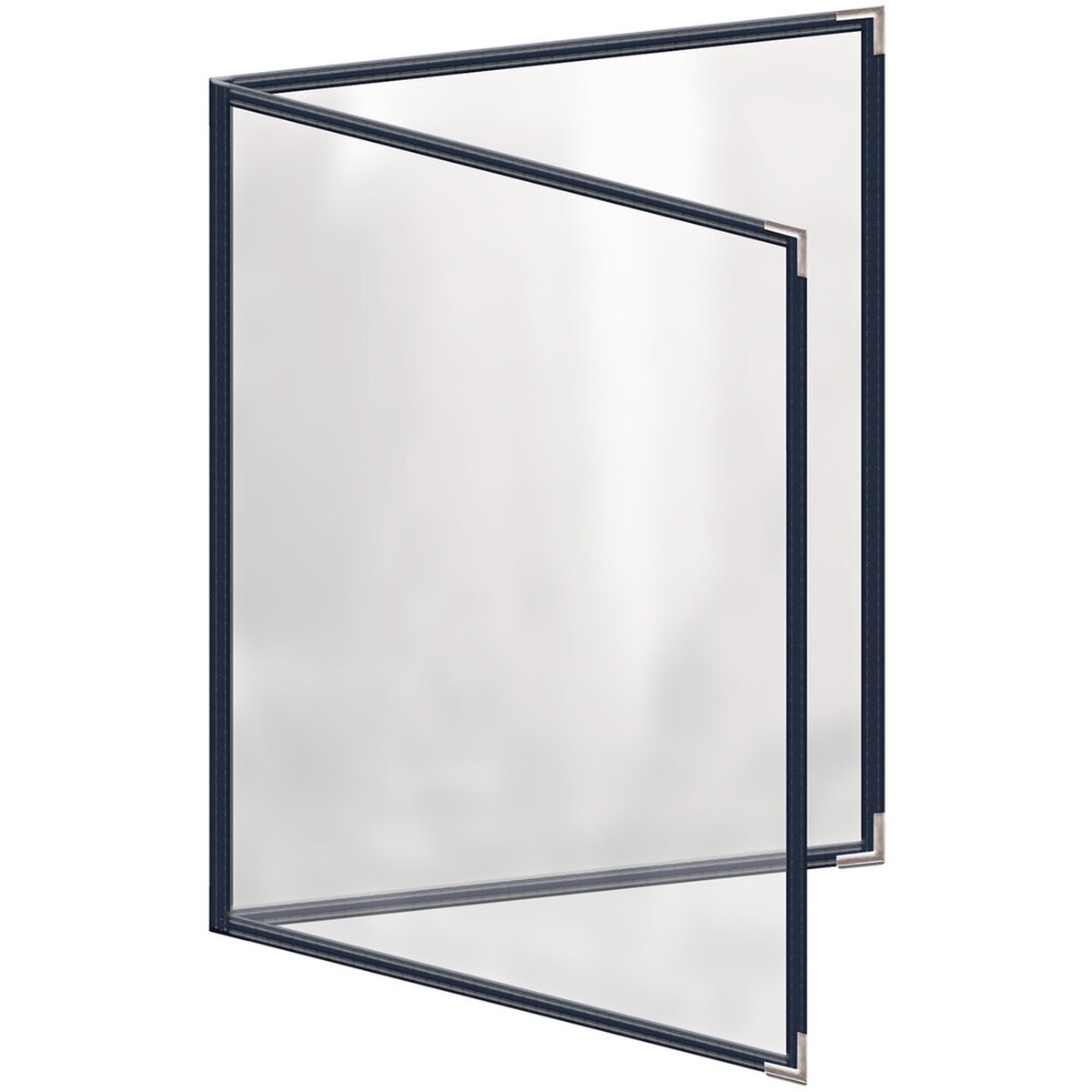 H. Risch TED Deluxe blue vinyl menu cover open to display 4-view clear pockets with silver corner hardware