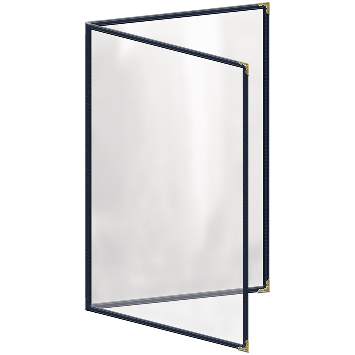 H. Risch TED Deluxe 8.5x14 blue vinyl menu cover open to show clear gloss view panes and gold decorative corners