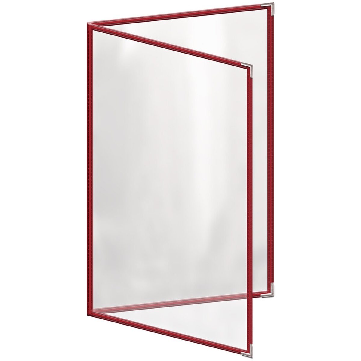H. Risch TED Deluxe red menu cover open showing gloss view panes and silver metal corners