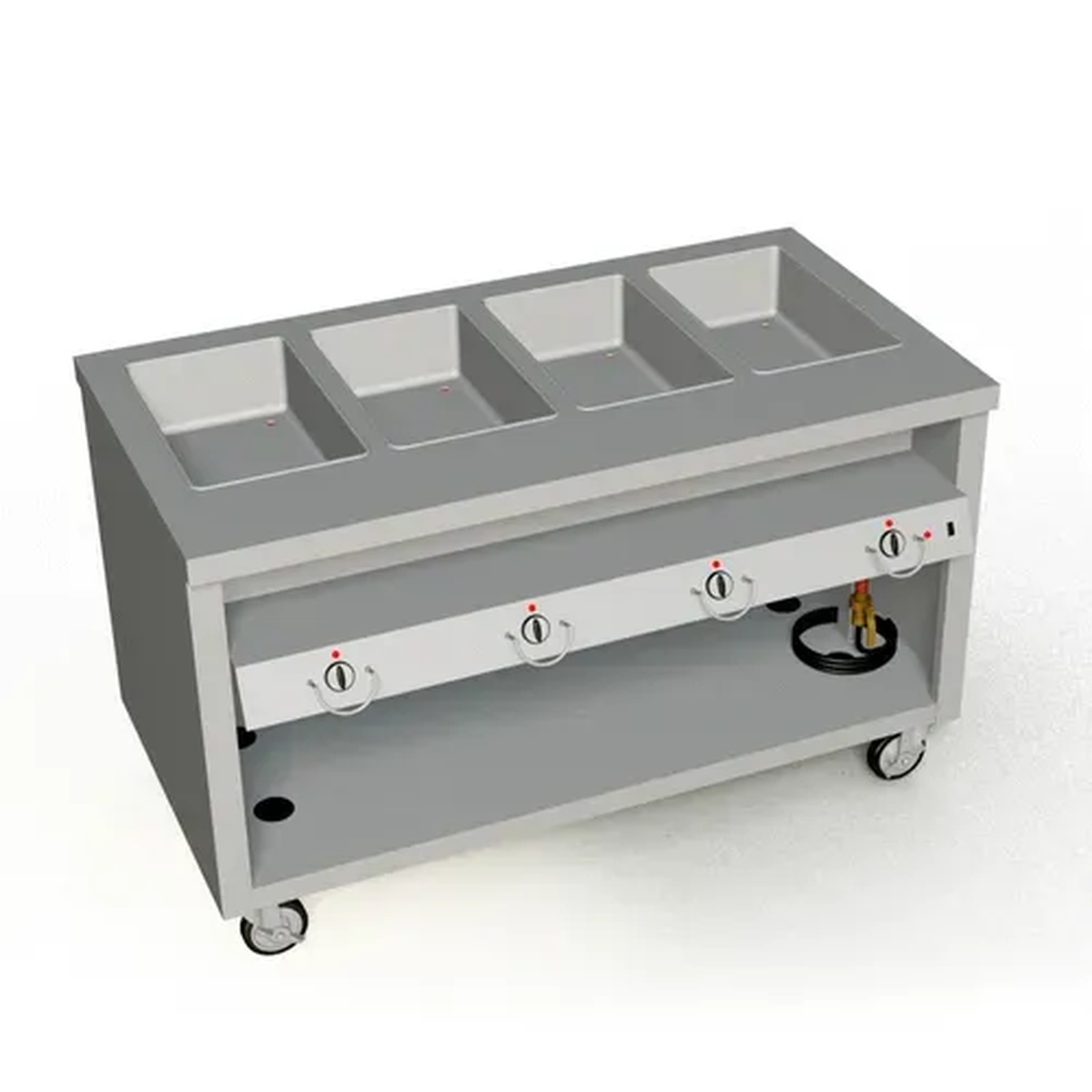 Duke TEHF-60PG mobile electric hot food serving counter with four wells and open base