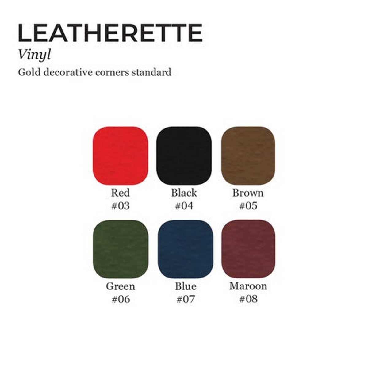 Leatherette vinyl color swatch chart showing Red, Black, Brown, Green, Blue, and Maroon color options for menu covers