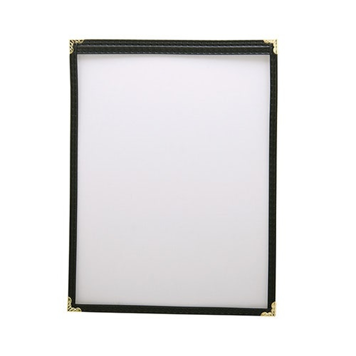 H. Risch TES menu cover in blue leatherette vinyl with gold decorative corners, 8-1/2 by 11 inch single panel
