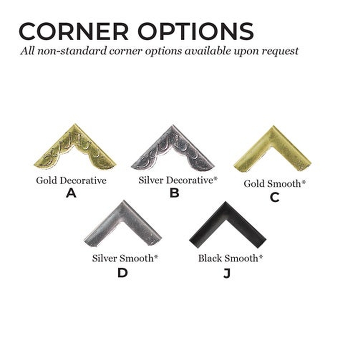 Corner options chart showing Gold Decorative, Silver Decorative, Gold Smooth, Silver Smooth, and Black Smooth corner styles available for menu covers