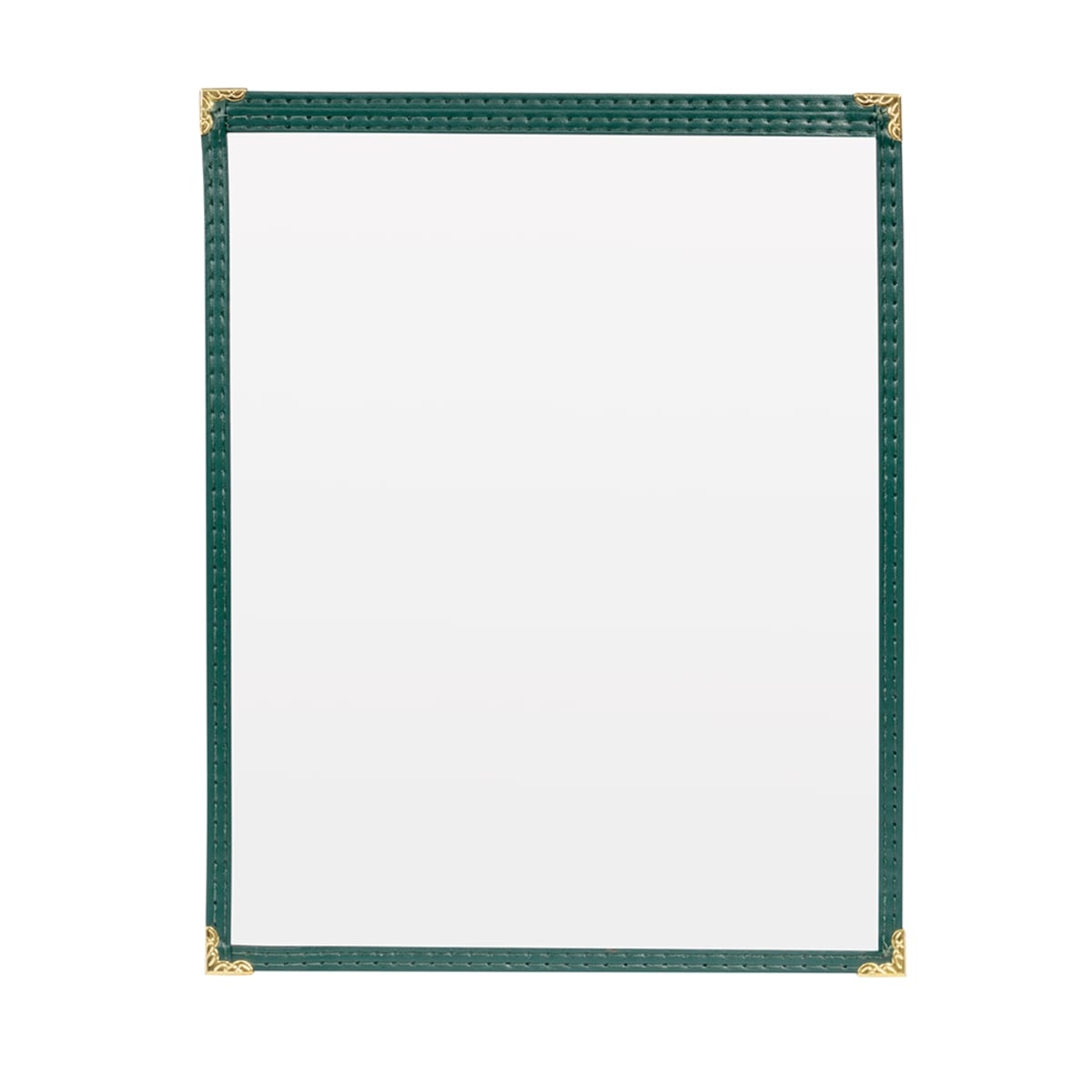 H. Risch green leatherette vinyl menu cover front view with gold metal corners