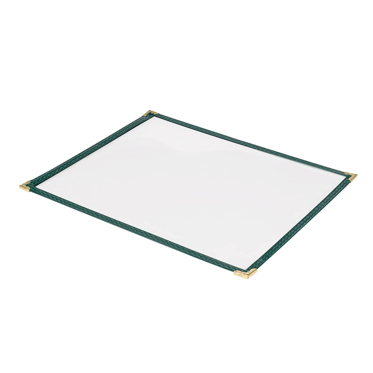 Angled perspective view of green leatherette menu cover showing flat profile and all four gold corners