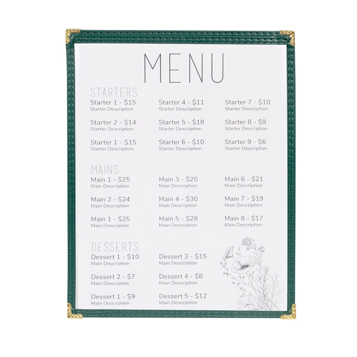 Green leatherette menu cover with a sample menu insert displayed inside showing starters, mains, and desserts