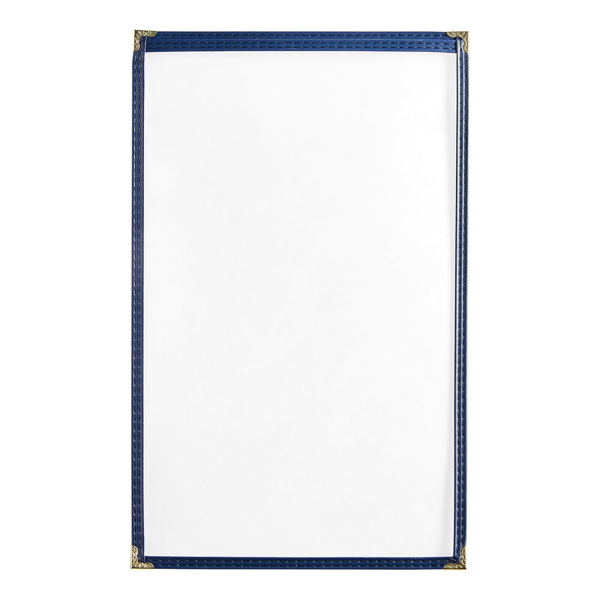 H. Risch TES Deluxe blue vinyl menu cover open view showing blue leatherette trim, double stitching, and gold decorative metal corners