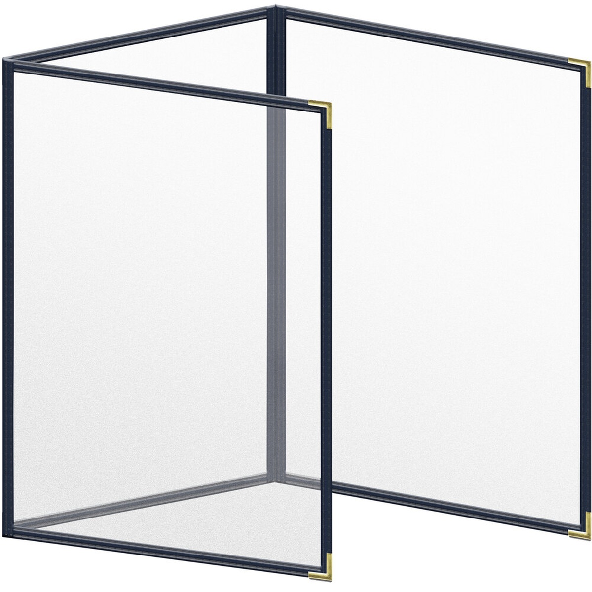 H. Risch TET blue vinyl menu cover open to show three-panel foldout with gold smooth corners and matte view panes