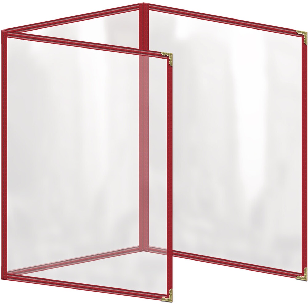 H. Risch TET red vinyl menu cover fully opened showing three-panel foldout with gold decorative corners and clear gloss view panes