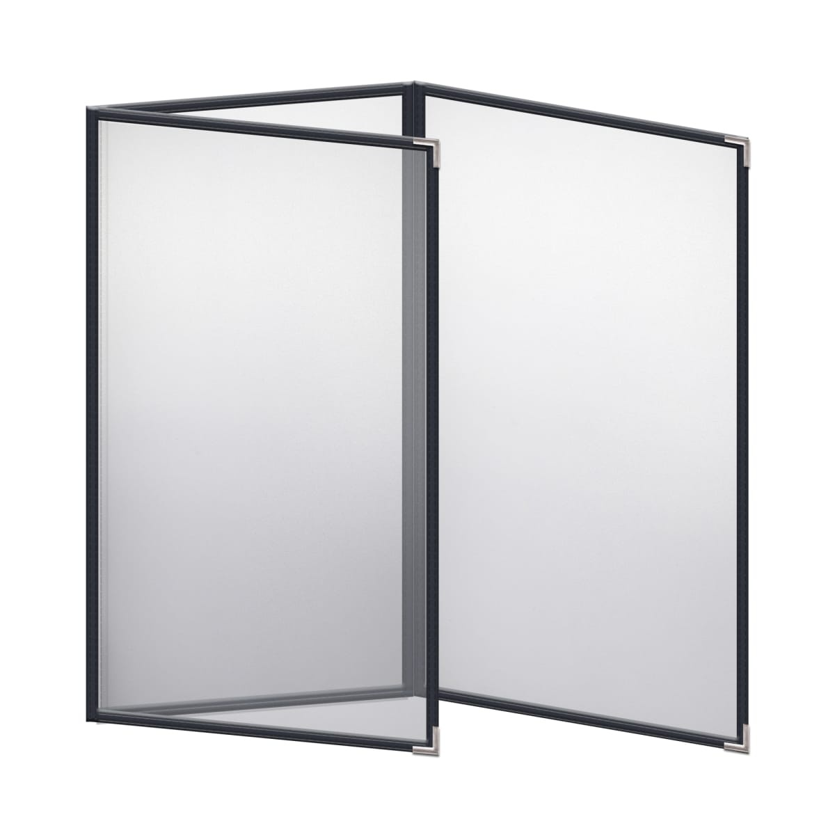 H. Risch TET 8.5x14 Blue foldout vinyl menu cover open showing three clear view panels with blue leatherette trim and silver metal corners