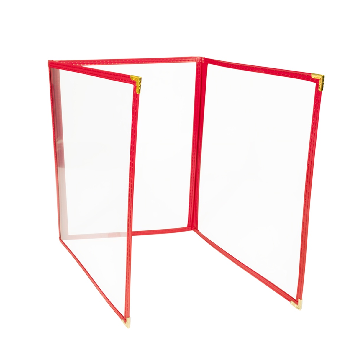 H. Risch TET menu cover in angled three-dimensional open position showing all three panels and gold corner hardware