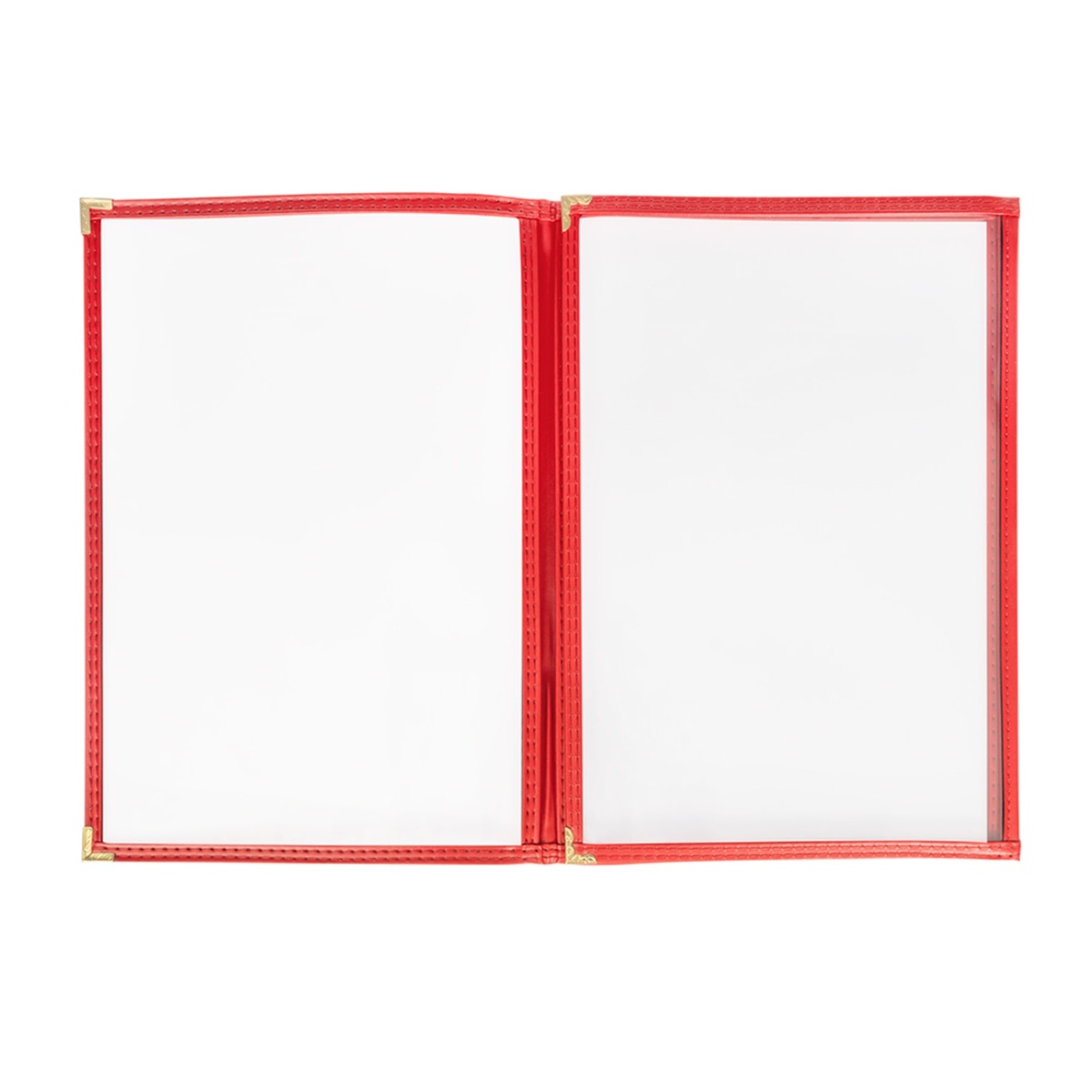 H. Risch TET menu cover open to two panels showing clear vinyl pockets and gold decorative corners