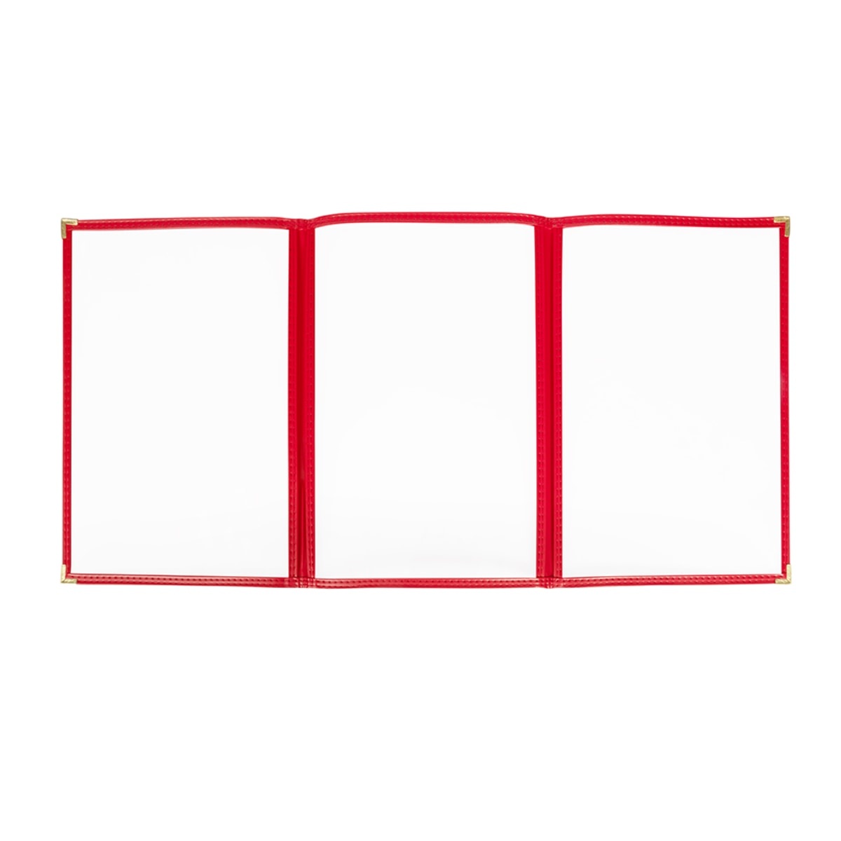 H. Risch TET 8.5x14 red leatherette menu cover fully open showing three clear vinyl pockets
