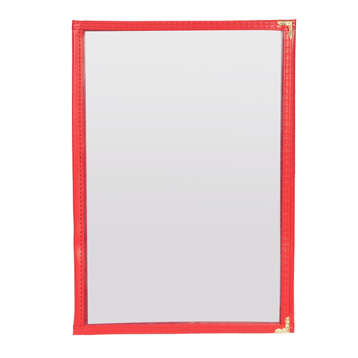 H. Risch TET menu cover closed showing red leatherette binding, double-stitch detail, and gold corner accents