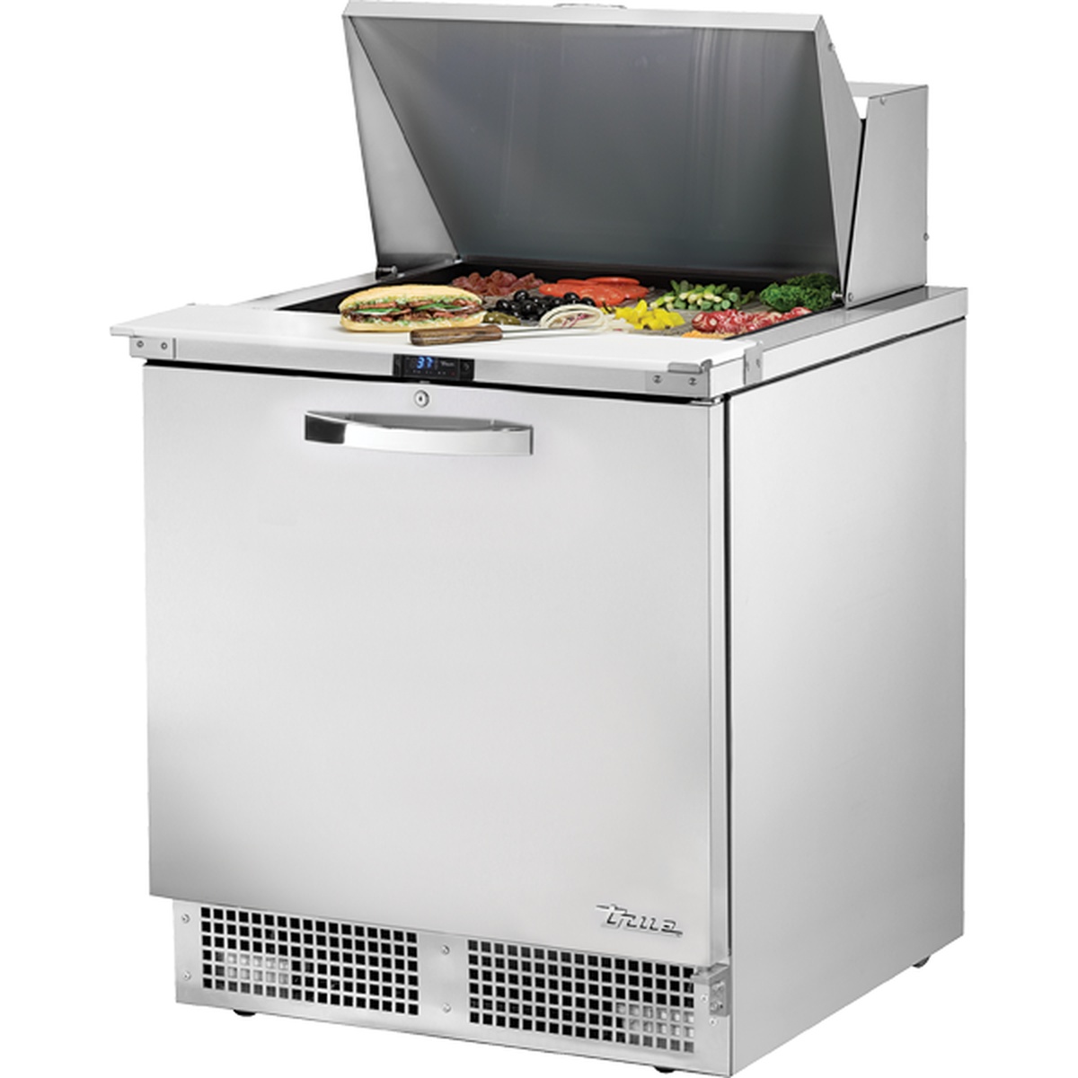 True TFP-32-12M 32-inch stainless steel sandwich prep table with open lid revealing 12-pan top and refrigerated base