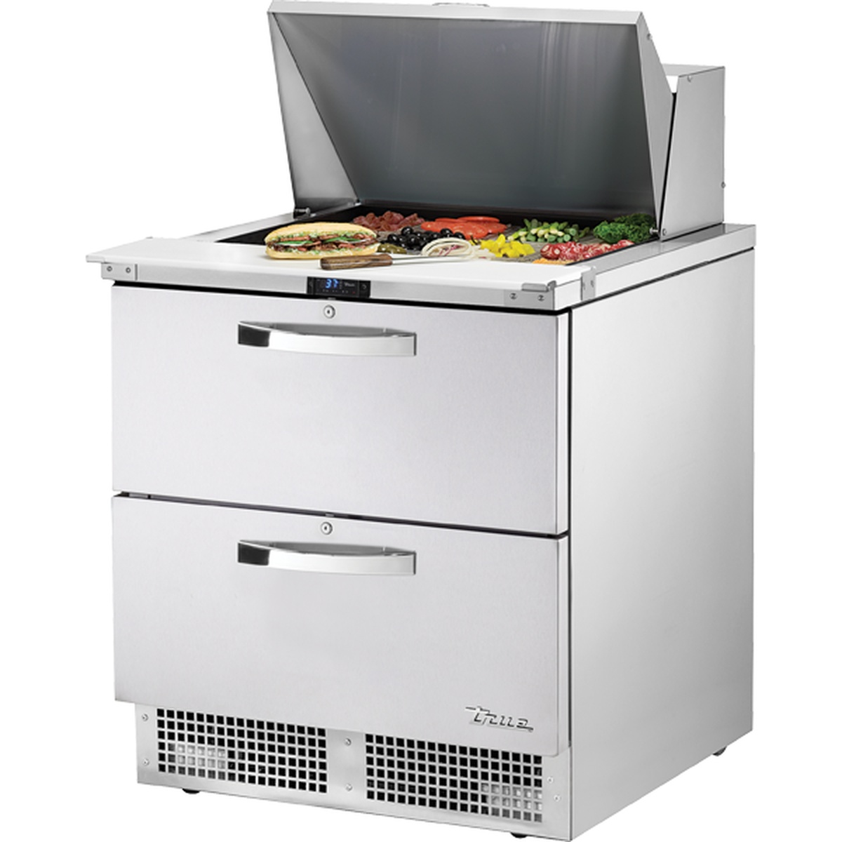 True TFP-32-12M-D-2 stainless steel sandwich and salad prep table with open mega-top lid and two storage drawers