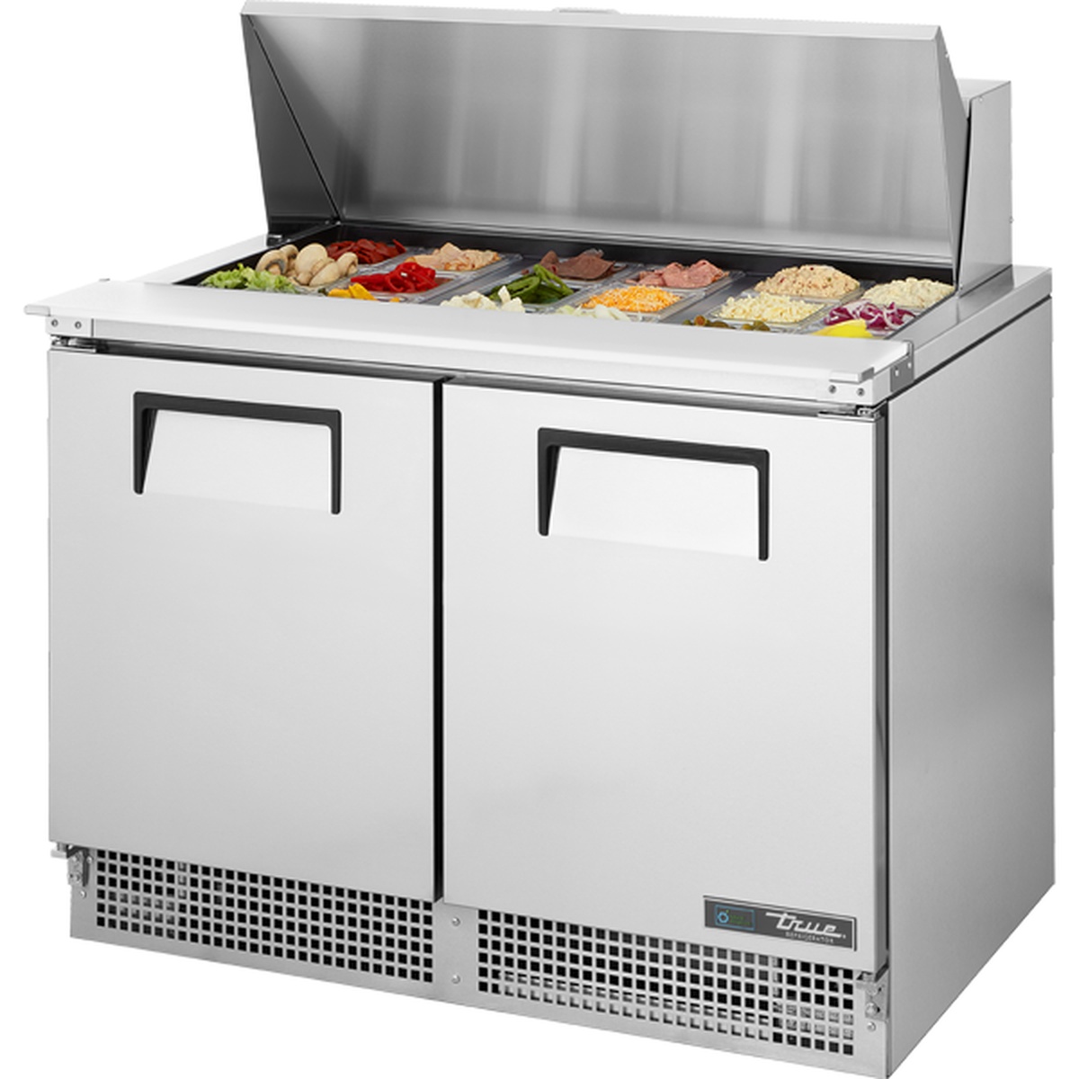 True TFP-48-18M 48-inch mega top sandwich and salad prep table with open lid showing food pans filled with ingredients and two solid stainless steel doors below