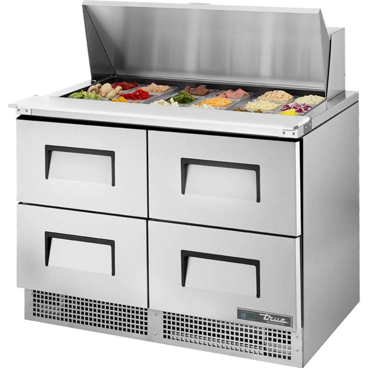 True TFP-48-18M-D-4 48-inch stainless steel sandwich salad prep table with four drawers and open mega top insert pan rail