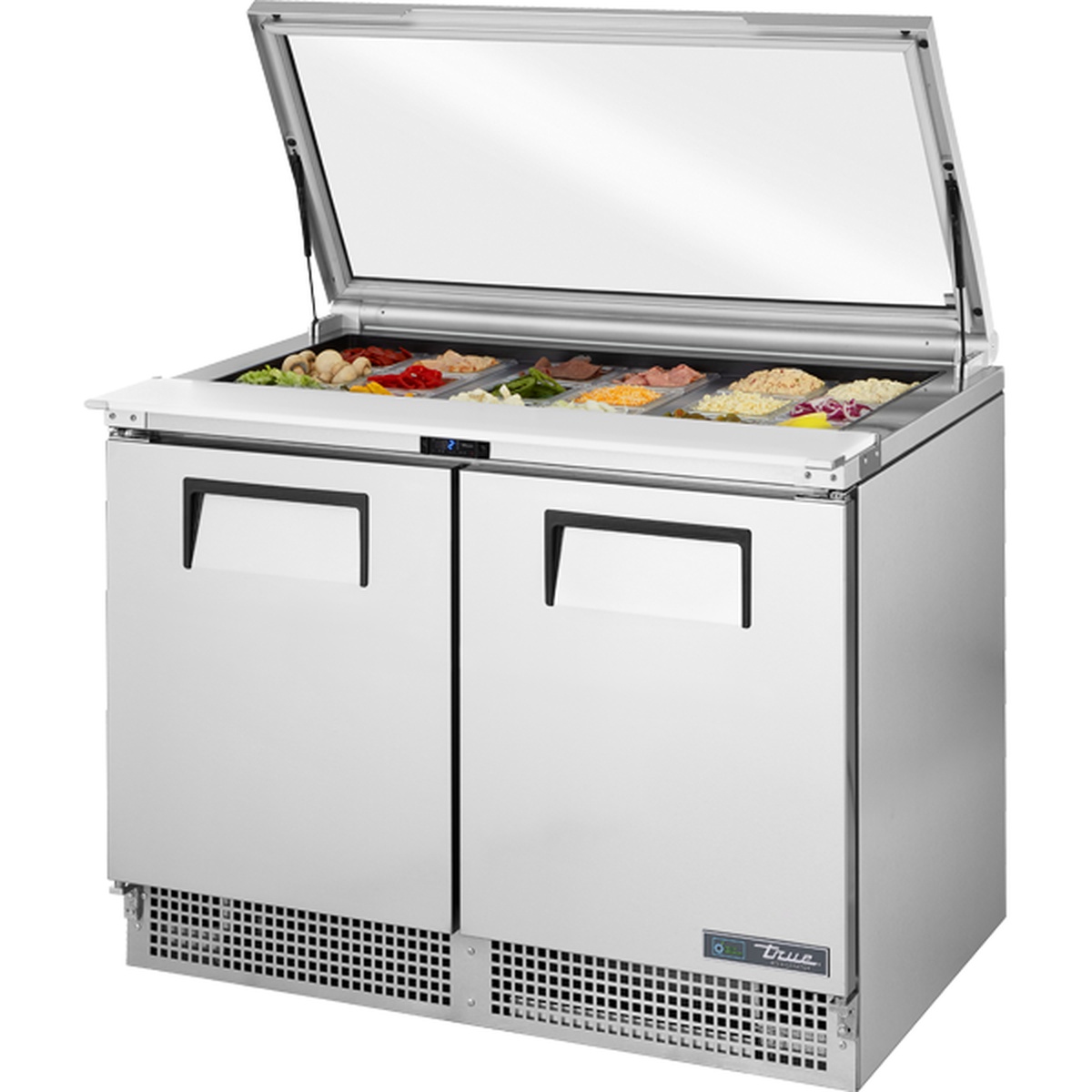 True TFP-48-18M-FGLID-HC refrigerated prep table with flat glass lid and two doors
