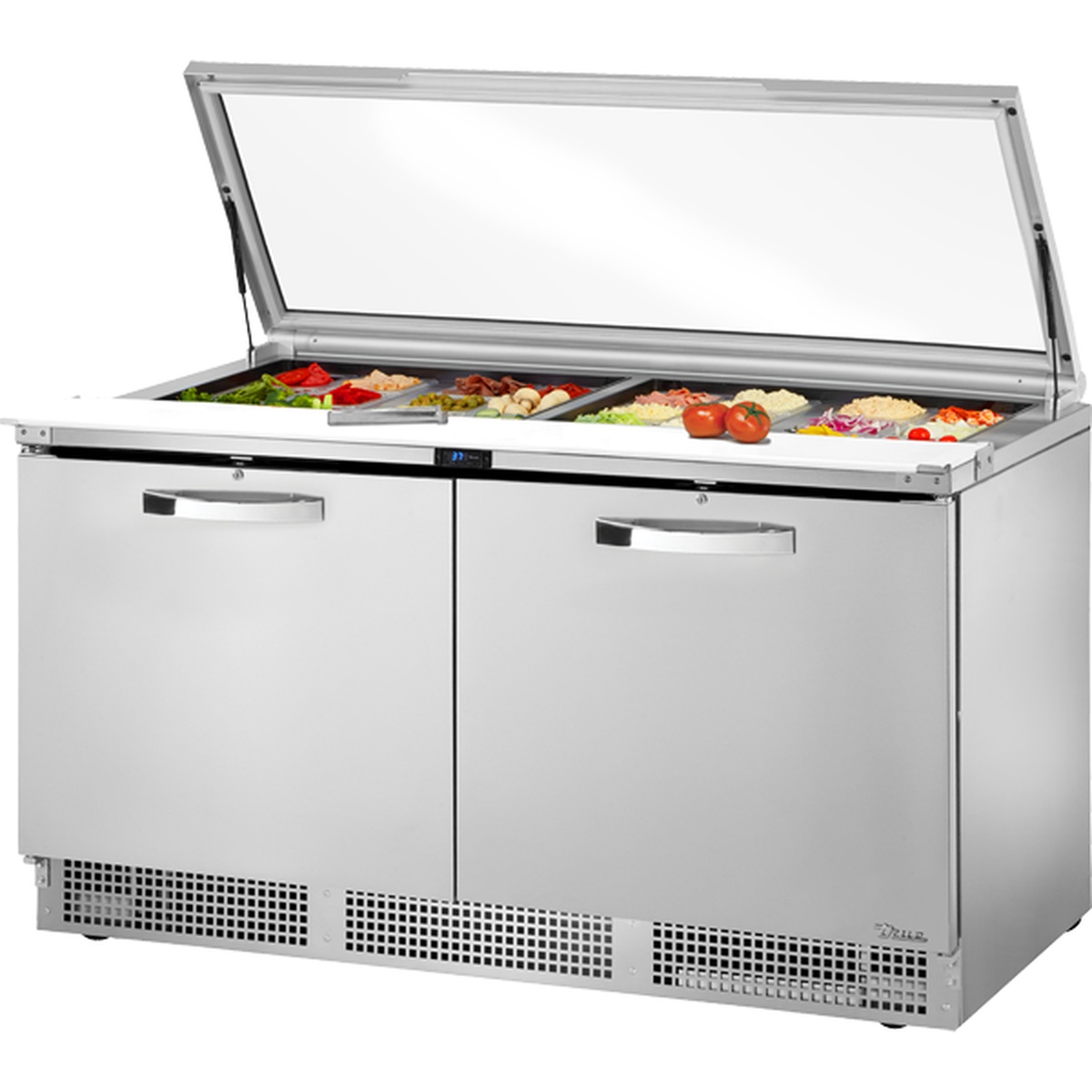 True TFP-64-24M 64-inch two-section mega top sandwich salad prep table with open flat glass lid revealing polycarbonate insert pans