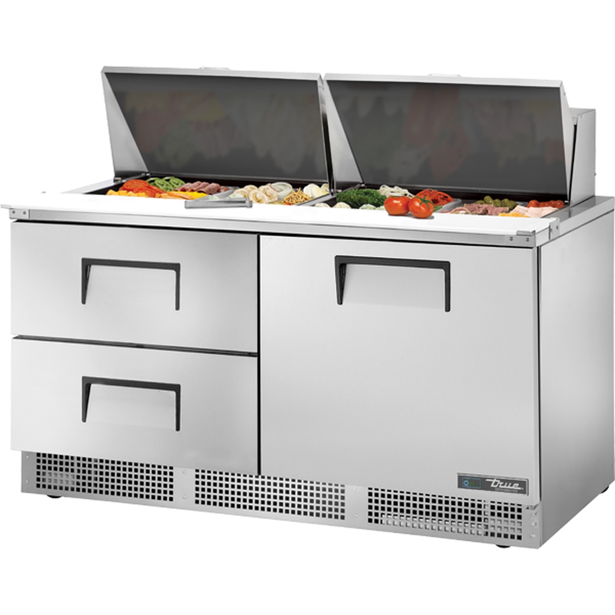 True TFP-64-24M-D-2 64-inch stainless steel mega top sandwich prep table with open lids showing food pans filled with ingredients, two drawers on left and one door on right