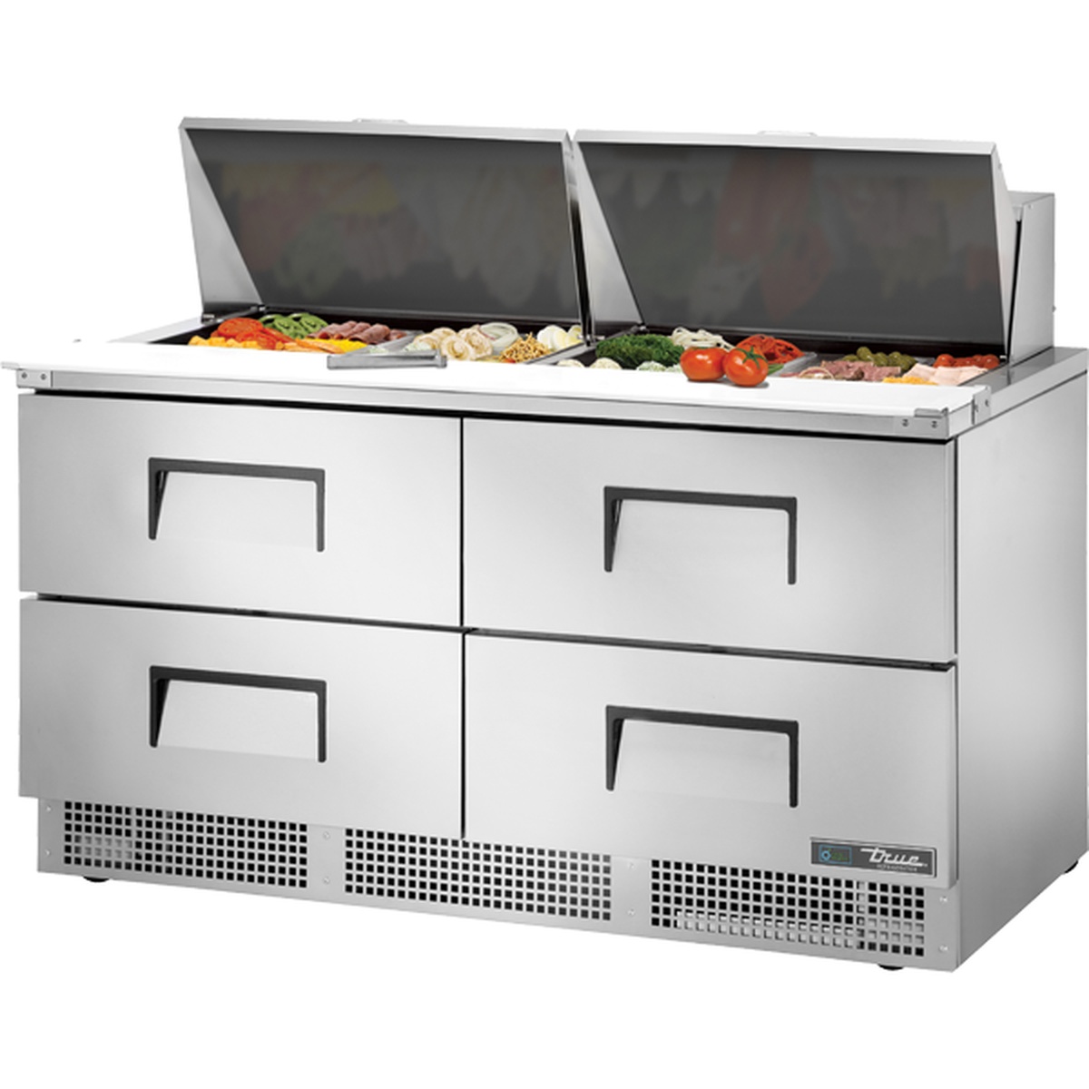 True TFP-64-24M-D-4-HC 64-inch stainless steel sandwich and salad prep table with open foam-insulated lids revealing 24 food pans and four base drawers