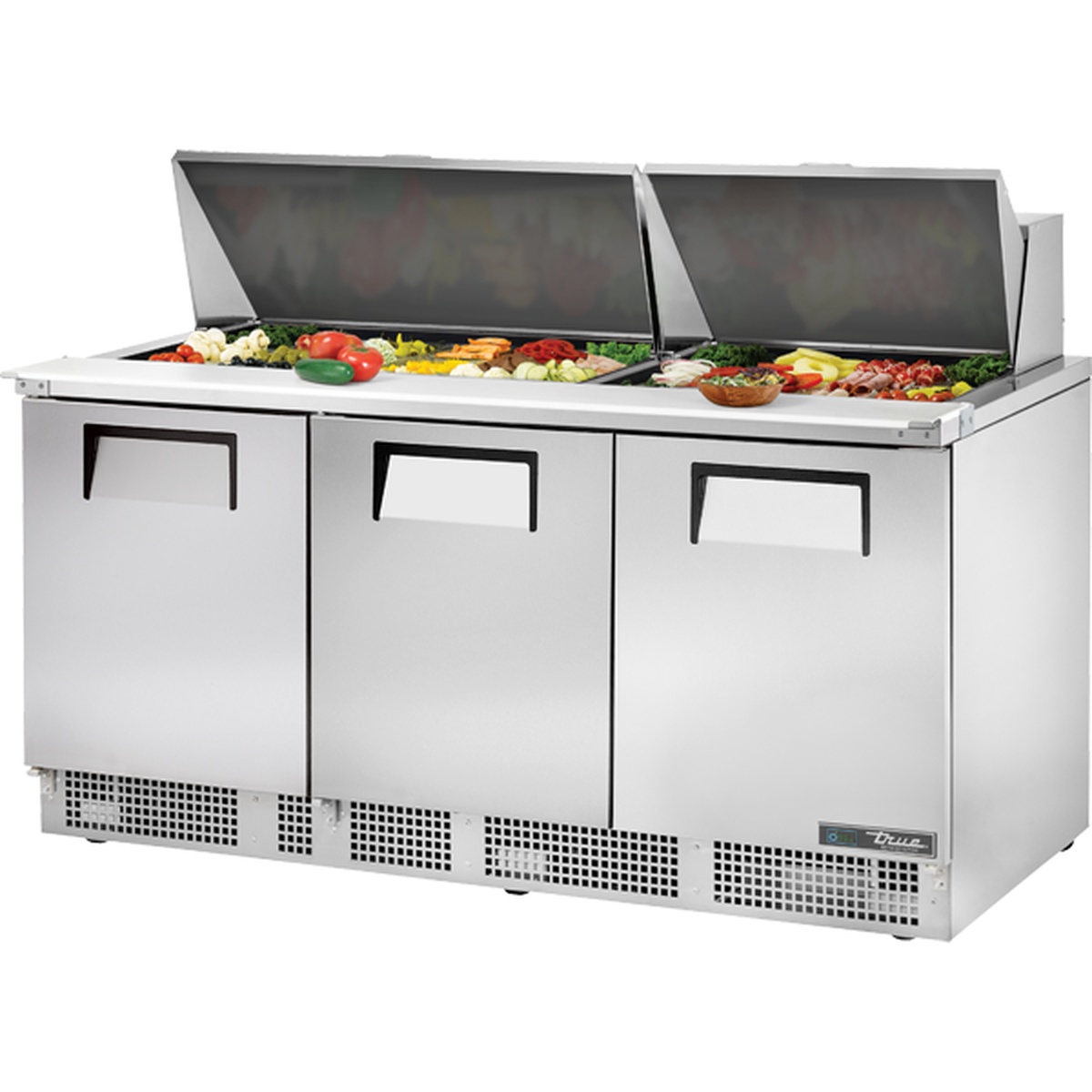 True TFP-72-30M 72-inch three-door mega top sandwich and salad prep table with insulated lids open showing full pan rail