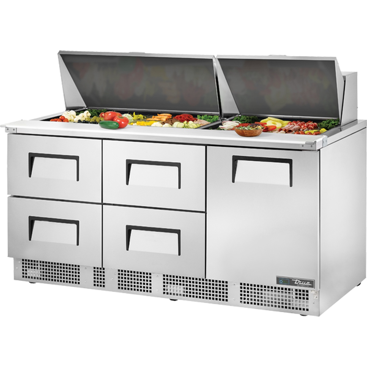 True TFP-72-30M-D-4-HC 72-inch stainless steel sandwich and salad prep table with open foam-insulated lids revealing food pans loaded with fresh ingredients, four drawers and one door on the refrigerated base