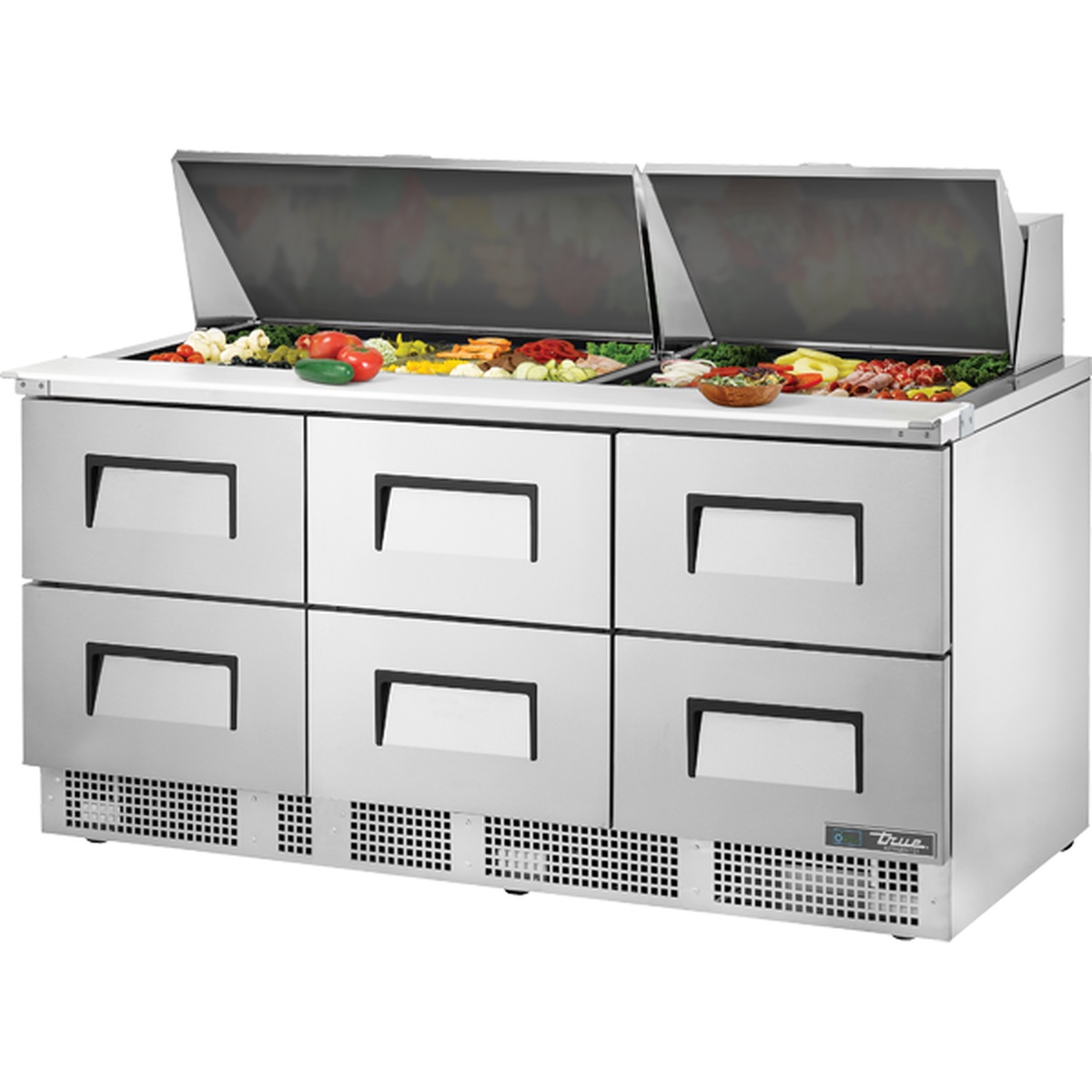 True Mfg. TFP-72-30M-D-6 72-inch stainless steel sandwich prep table with six drawers and open insulated mega top cover revealing ingredient pans