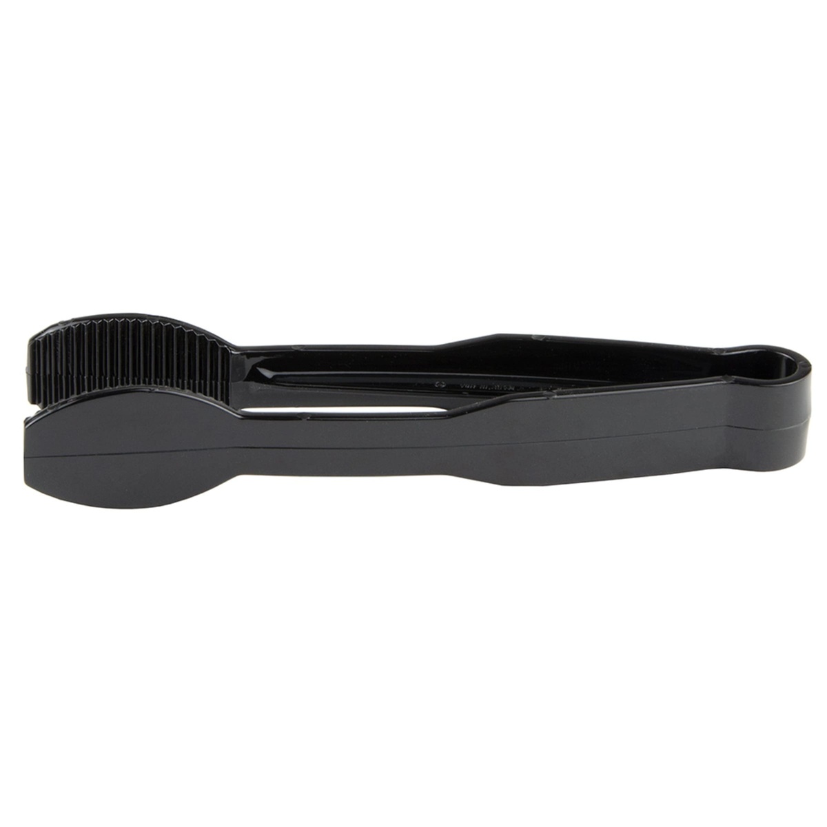 Side profile of Cambro TG6110 black plastic serving tongs showing full length and slim design