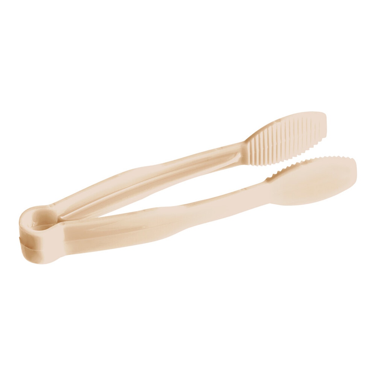 Cambro TG6133 6-inch beige flat grip plastic tongs on white background