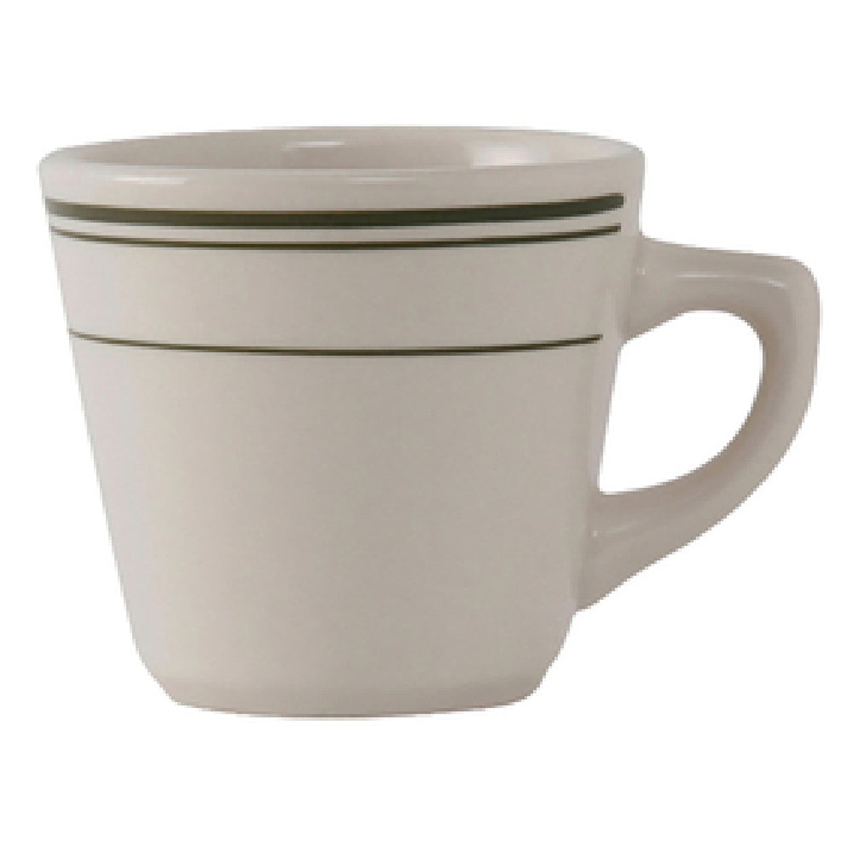 Tuxton TGB-001 eggshell china tall cup with green bands, 7 oz, product shot on white background