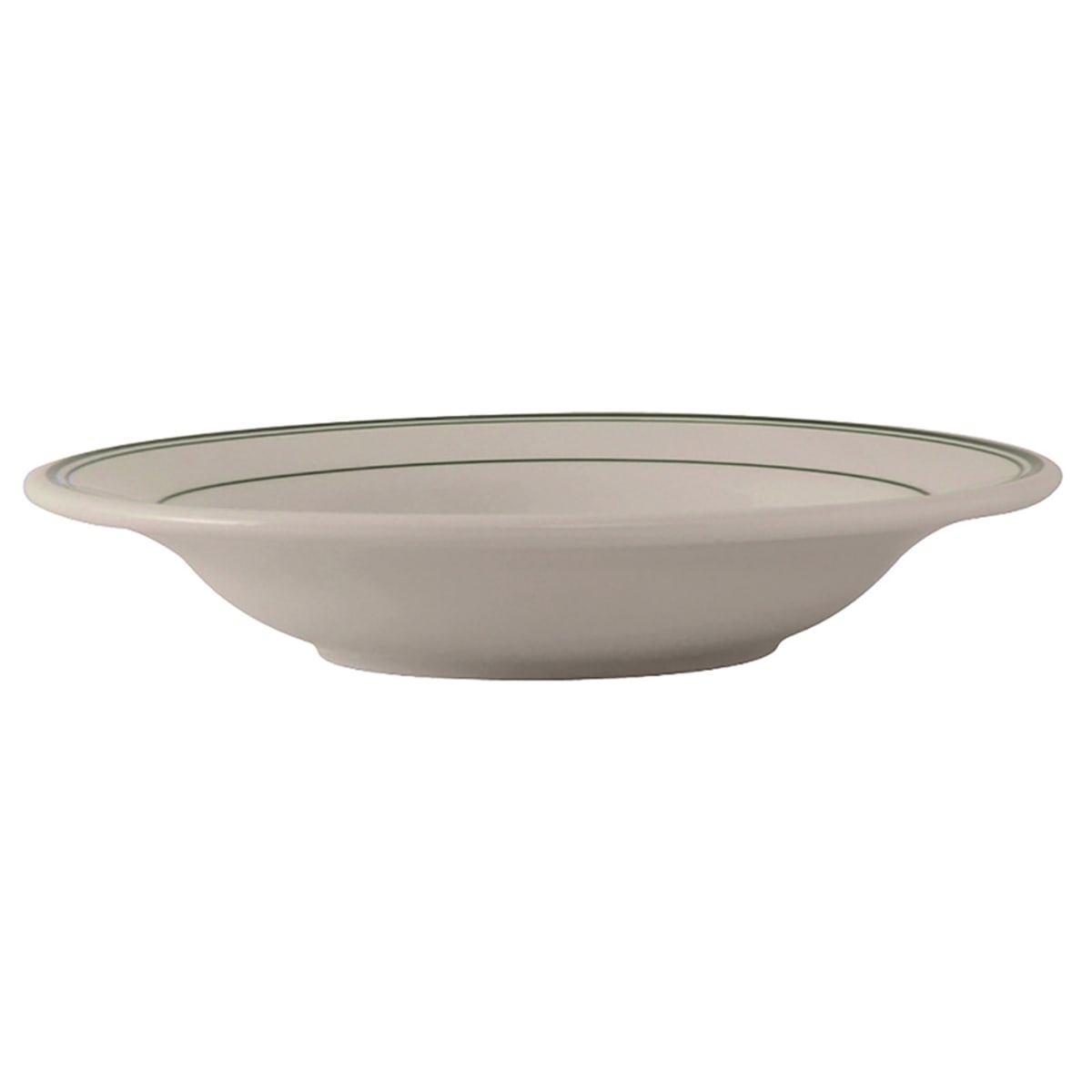 Tuxton TGB-003 Green Bay eggshell ceramic soup bowl with three green bands and wide rolled rim, top-angle view