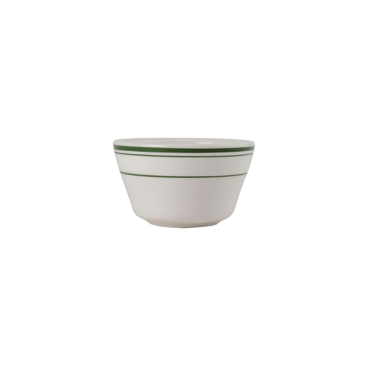 Tuxton TGB-004 Green Bay 8 oz eggshell china bouillon cup with green bands, shown on white background