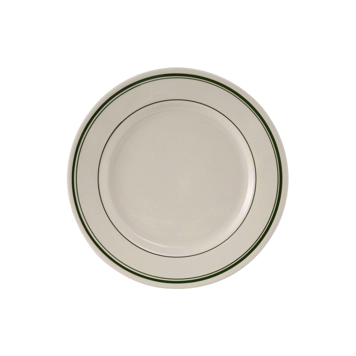 Tuxton Green Bay eggshell china plate with green bands, larger size variant, top view on white background