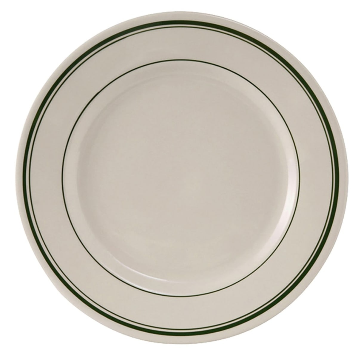 Tuxton TGB-006 6-5/8 inch round ceramic plate in American White/Eggshell with green band accent lines