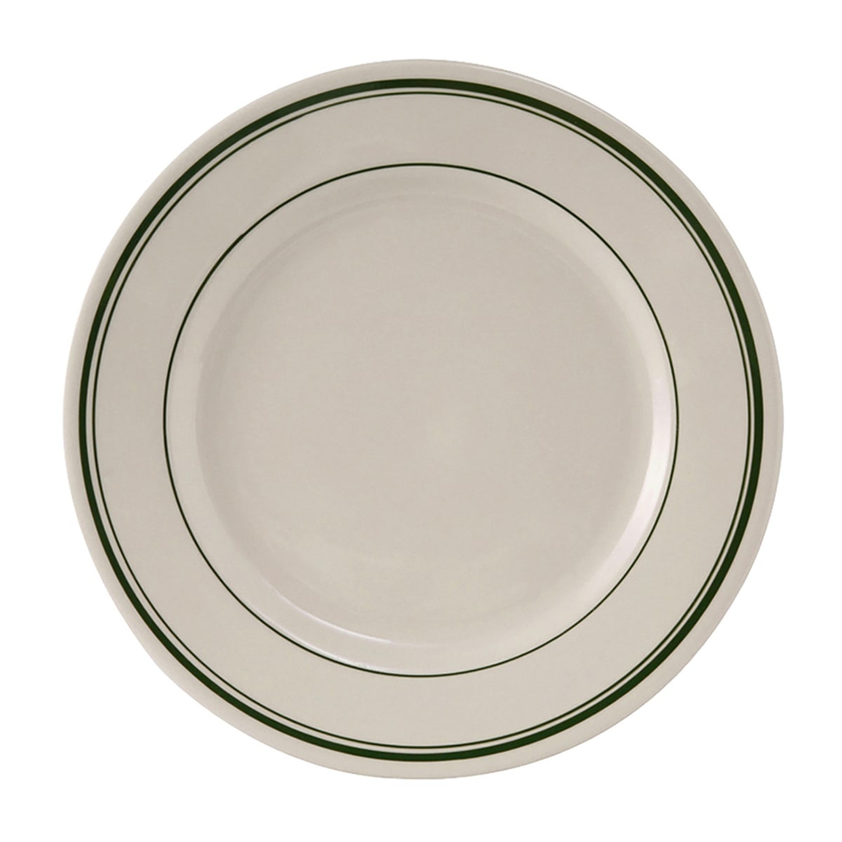 Tuxton TGB-009 Green Bay 9-5/8 inch round ceramic plate in American White/Eggshell with green band detail