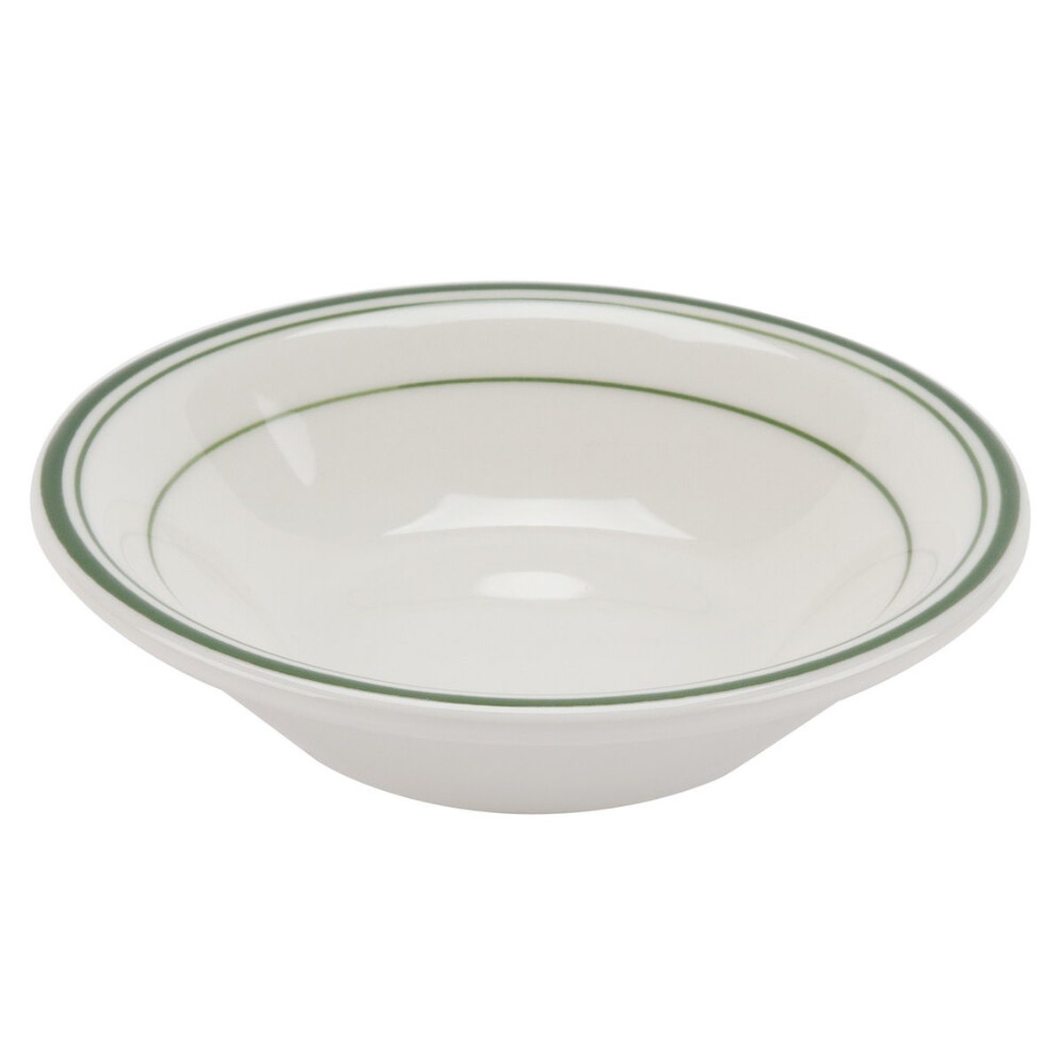 Tuxton TGB-011 Green Bay eggshell china fruit dish with green bands, top-angle view on white background