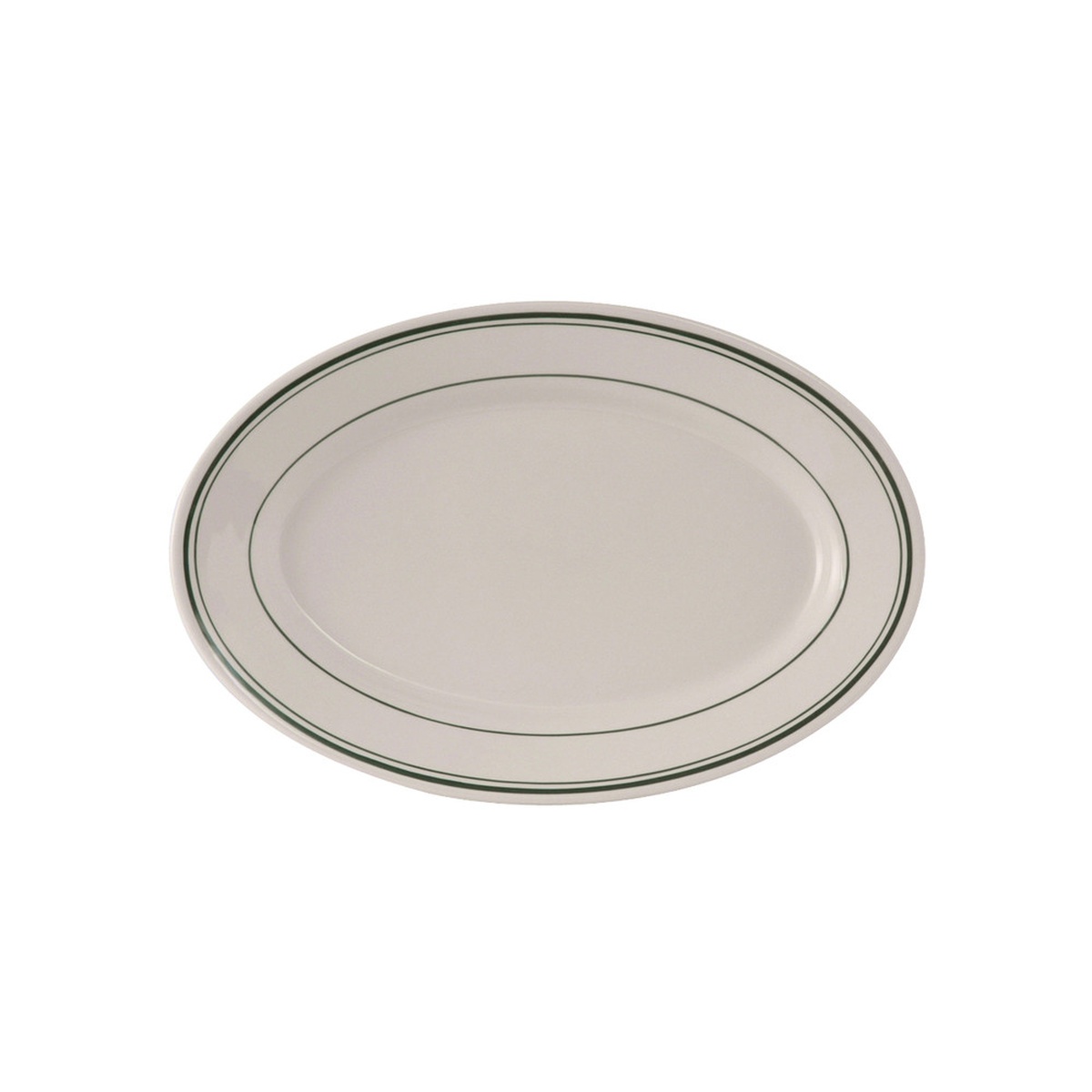 Tuxton TGB-012 oval china platter in eggshell with two green band accents and wide rolled rim